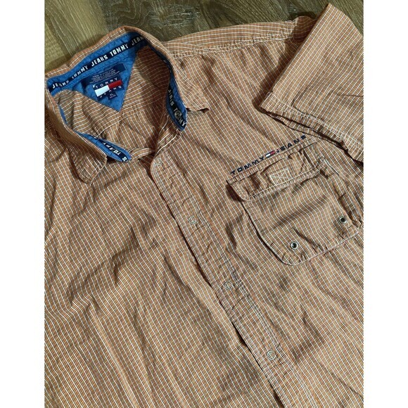Vtg '01 Tommy Jeans Shirt Mens XL Orange Check Y2K‎ Button Pocket Tommy Hilfiger - Picture 1 of 9